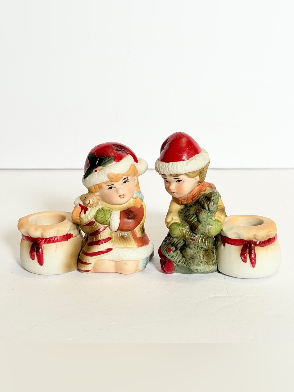 Vintage Beacon Hill Christmas Candle Holders Set of 2 Boy Girl Bisque Porcelain